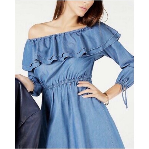 Michael Kors Womens Denim Ruffled Off Shoulder Dress - Picture 1 of 8